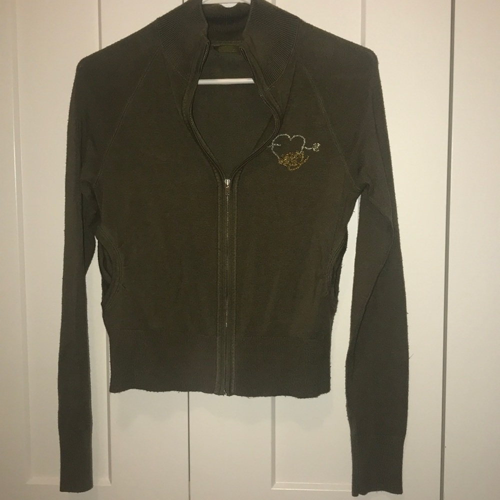 ROXY Olive with beaded heart sweater Medium